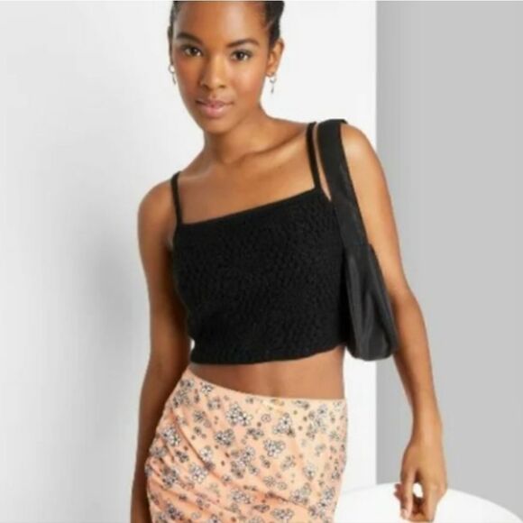 Wild Fable black spaghetti strap crochet crop top tank cami shirt M - Picture 2 of 7